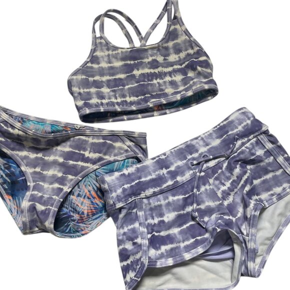 Athleta Girl XS/6 Purple Tie-Dye 3-Piece Set Sports Bra Shorts & Bikini - Picture 2 of 4